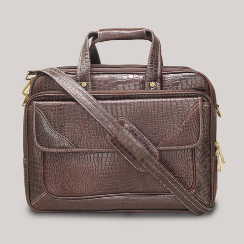 Omrith Genuine Leather Brown Croco Laptop Messenger Bag For Men